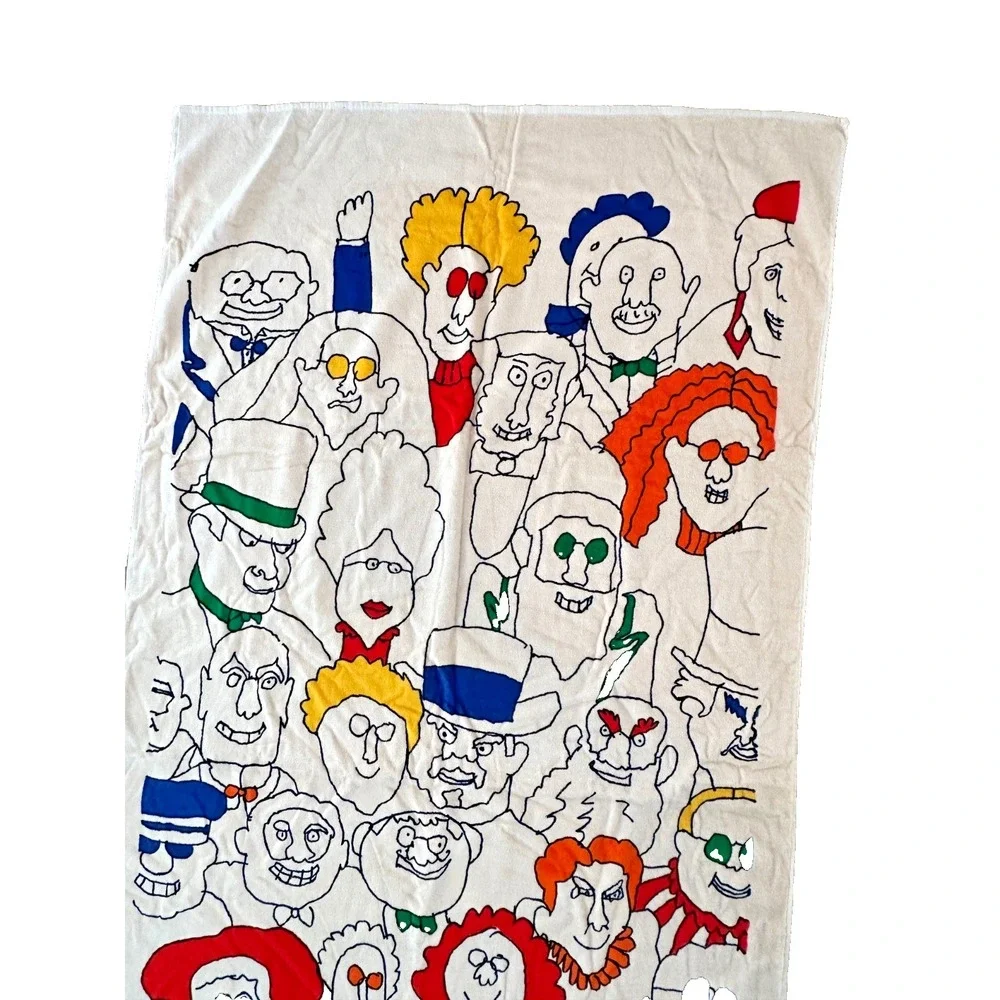 vintage Allen International Large Towel People Faces 60x35 Signed Artist NOS